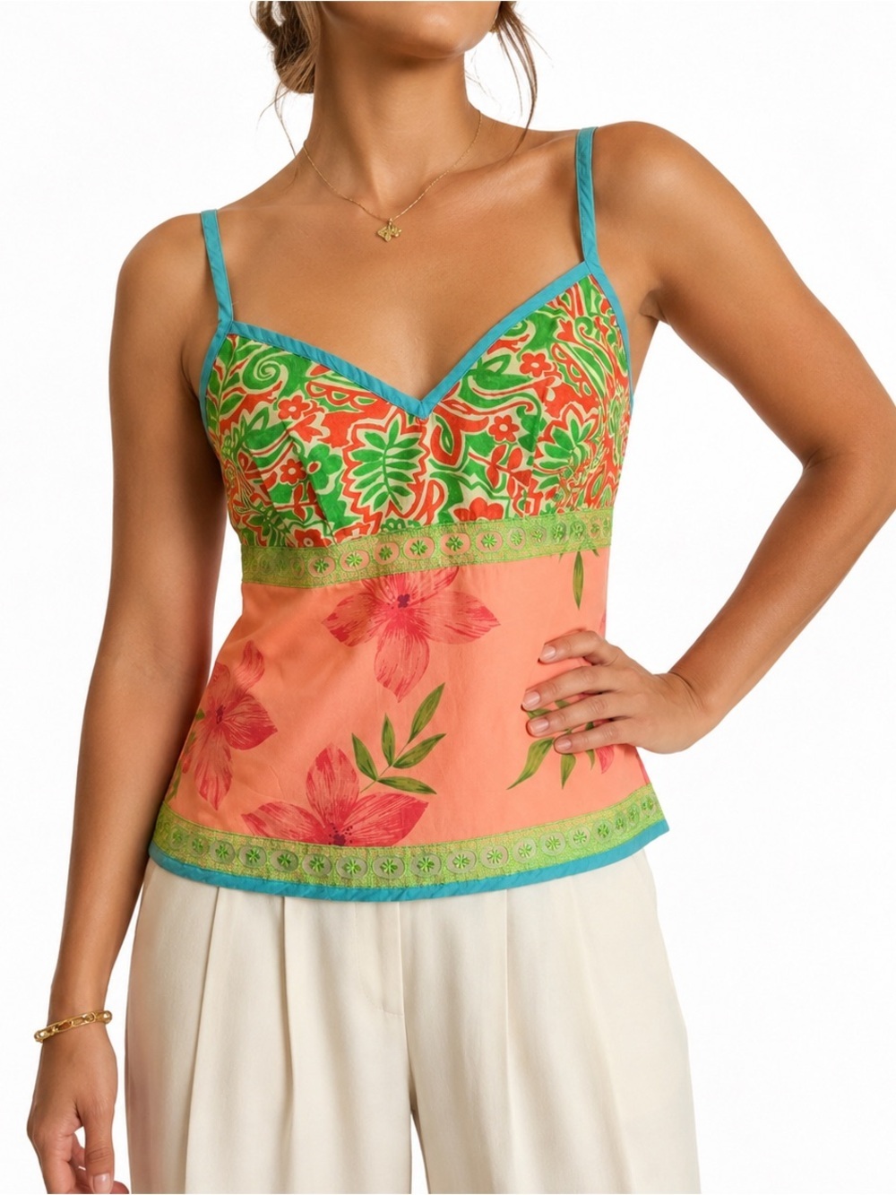 Roxy Quick Silver Camisole Empire Fit Lace Style Embellishments Blue Peach M